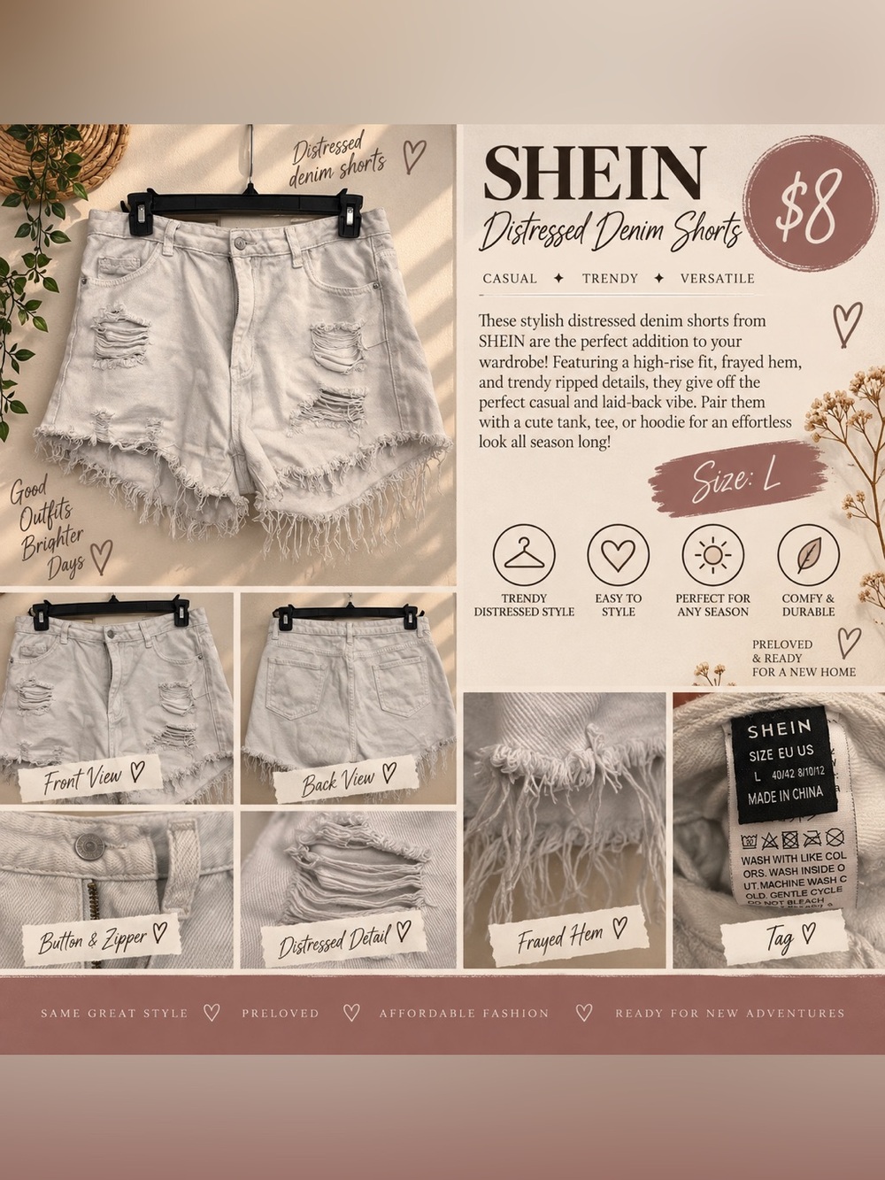 SHEIN Light Gray Distressed High-Rise Denim Shorts